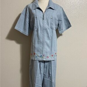 Vintage Denim & Co. Women’s Denim Zip-Up Top & Pants Set Floral Embroidered L